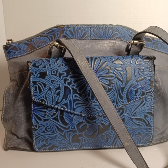 Firenze Bella Blue Tooled Leather Two Strap Shoulder Purse with Removable purse - Picture 2 of 9